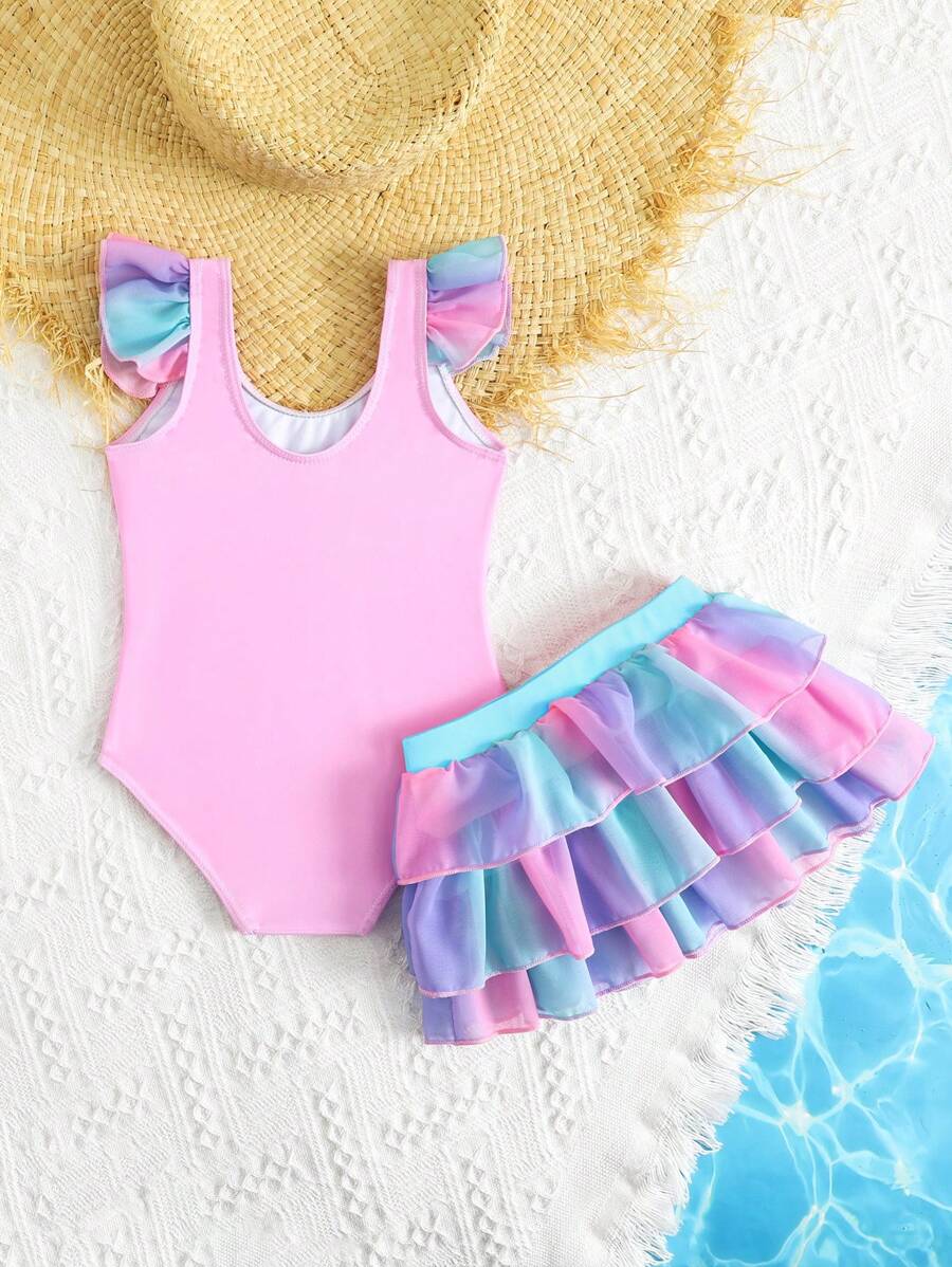 Rainbow Mesh One Piece Swimsuit For Baby Girls Cute Unicorn Beachwear