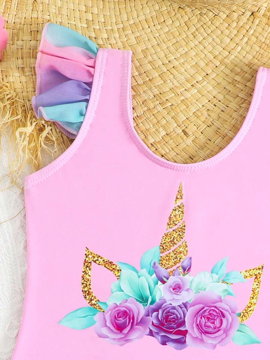 Rainbow Mesh One Piece Swimsuit For Baby Girls Cute Unicorn Beachwear