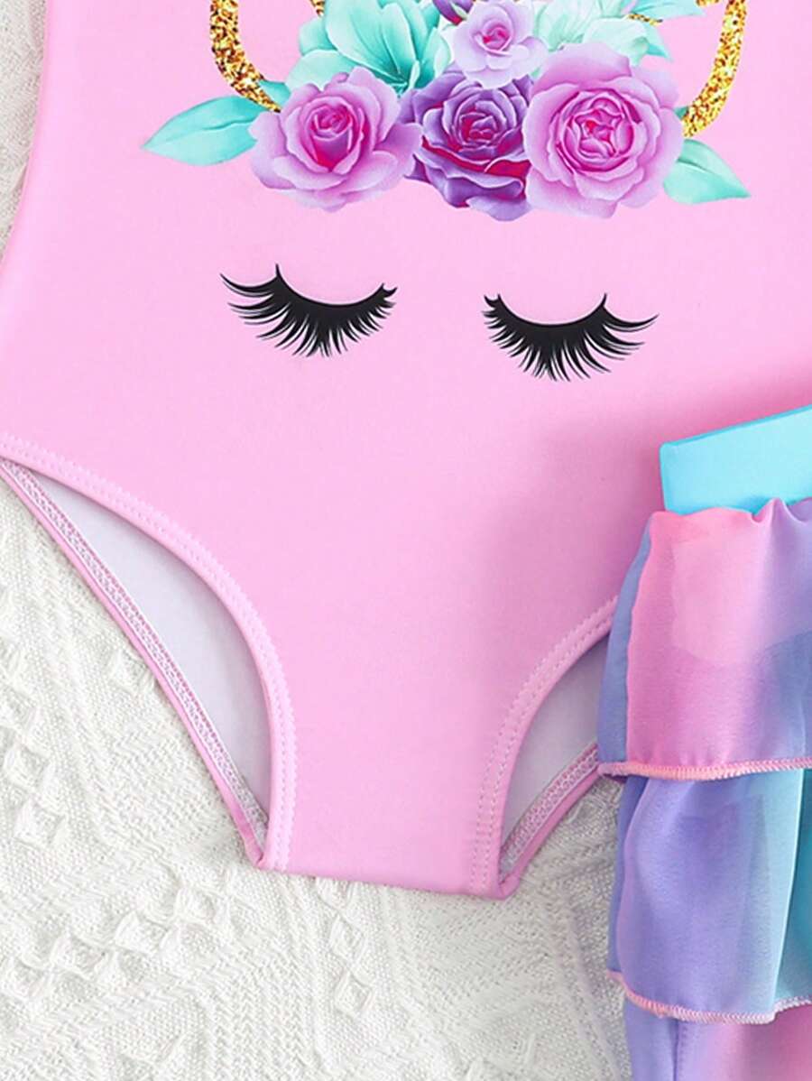 Rainbow Mesh One Piece Swimsuit For Baby Girls Cute Unicorn Beachwear