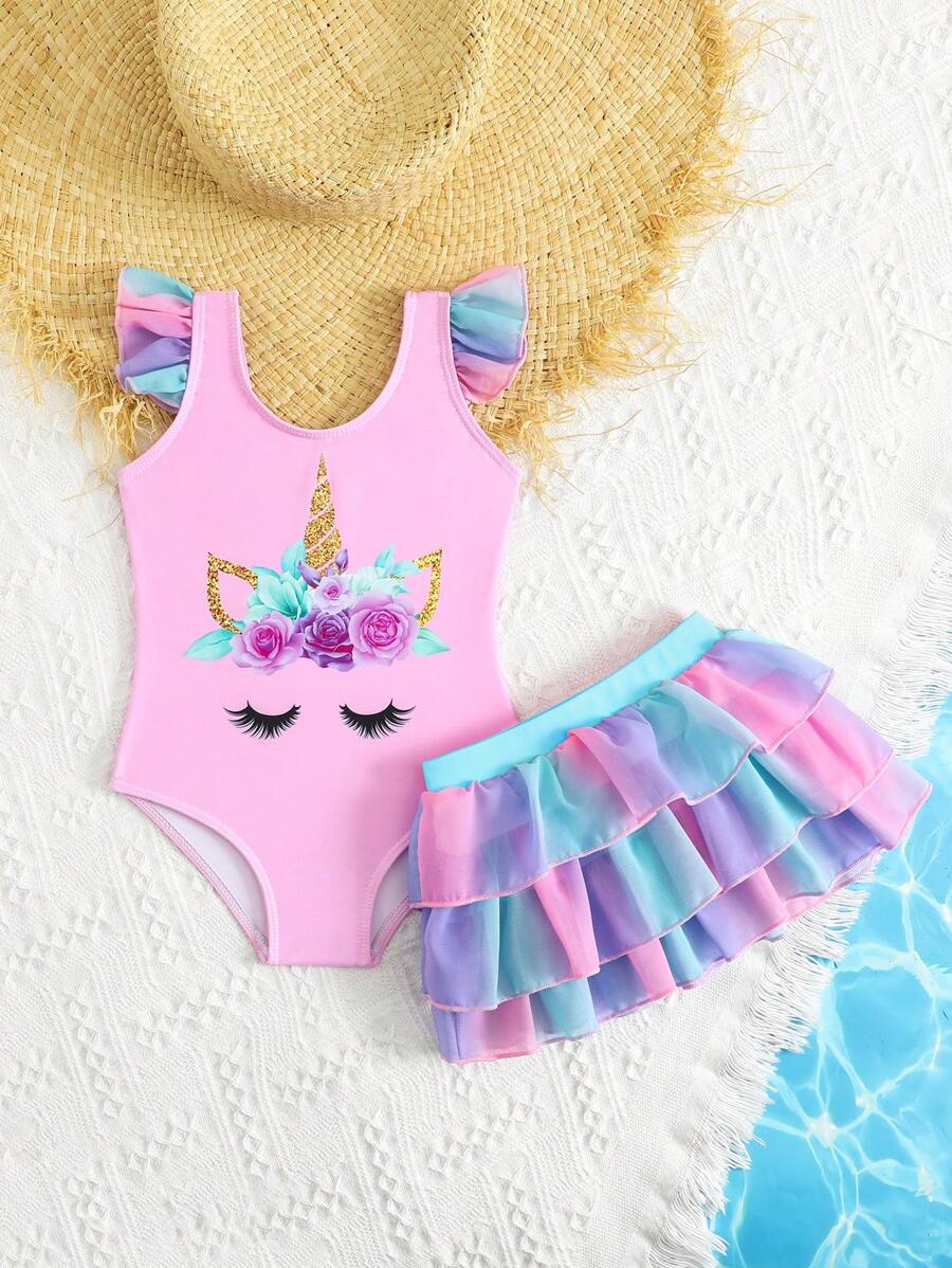 Rainbow Mesh One Piece Swimsuit For Baby Girls Cute Unicorn Beachwear