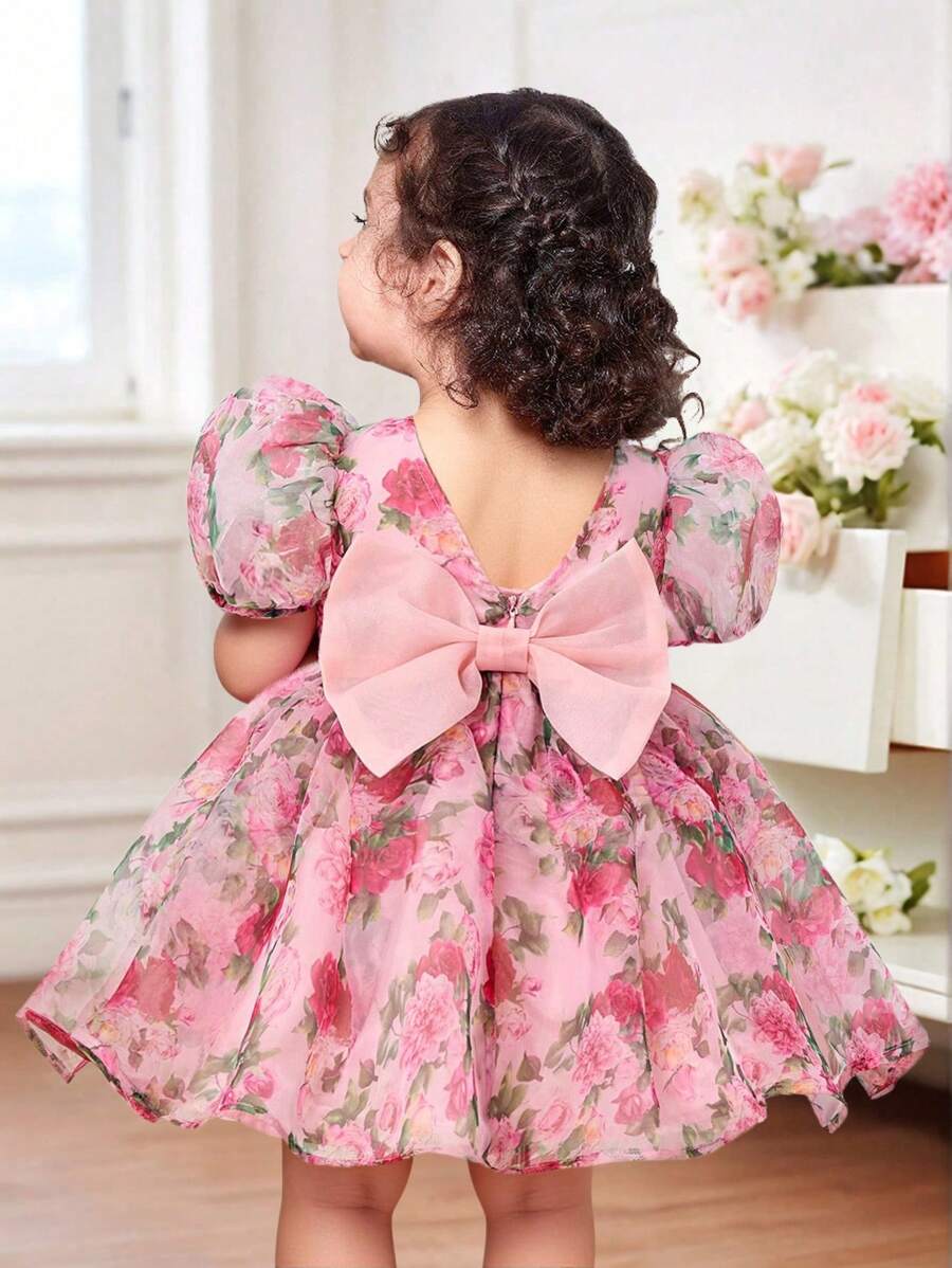Pink Floral Mesh Embroidered Short Sleeve Dress for Baby Girls