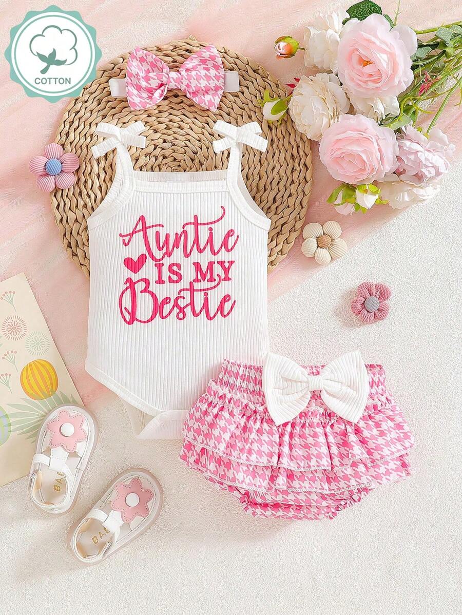 3pcs Baby Girl Summer Outfit Set With Suspender Top Bloomers And Headband
