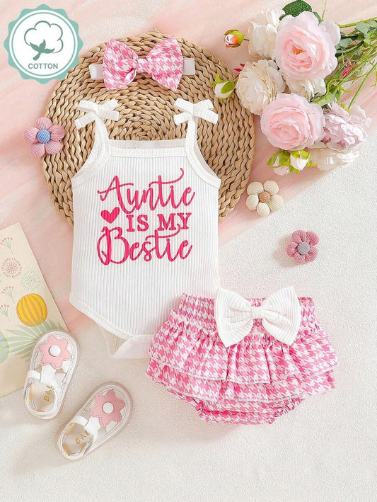 3pcs Baby Girl Summer Outfit Set With Suspender Top Bloomers And Headband