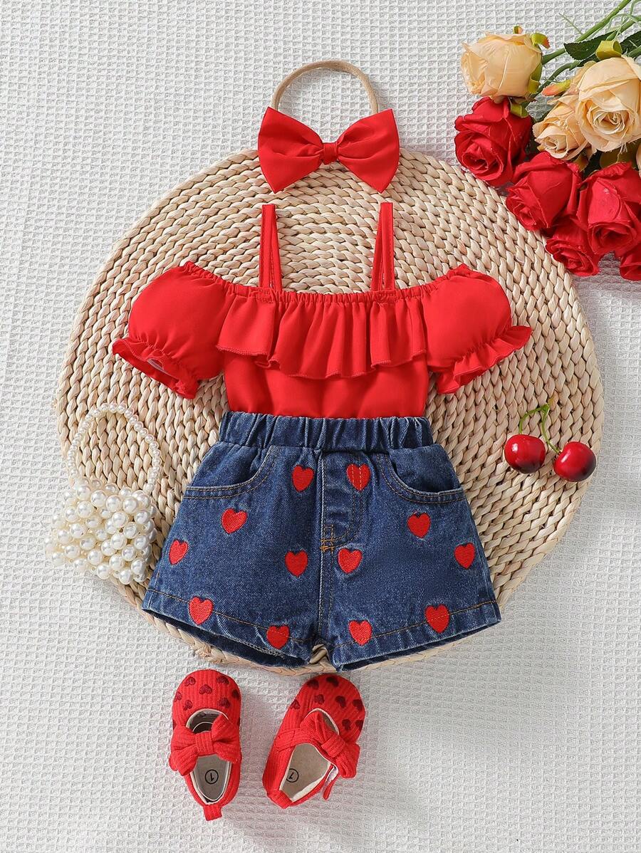 Infant Girls 2pcs Casual Denim Top & Bow Decor Jeans Set