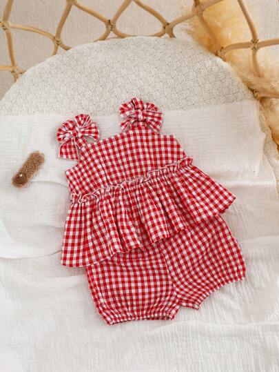Baby Girl Red Plaid Bow Camisole Top and Shorts Set for Cute Summer Daily Wear