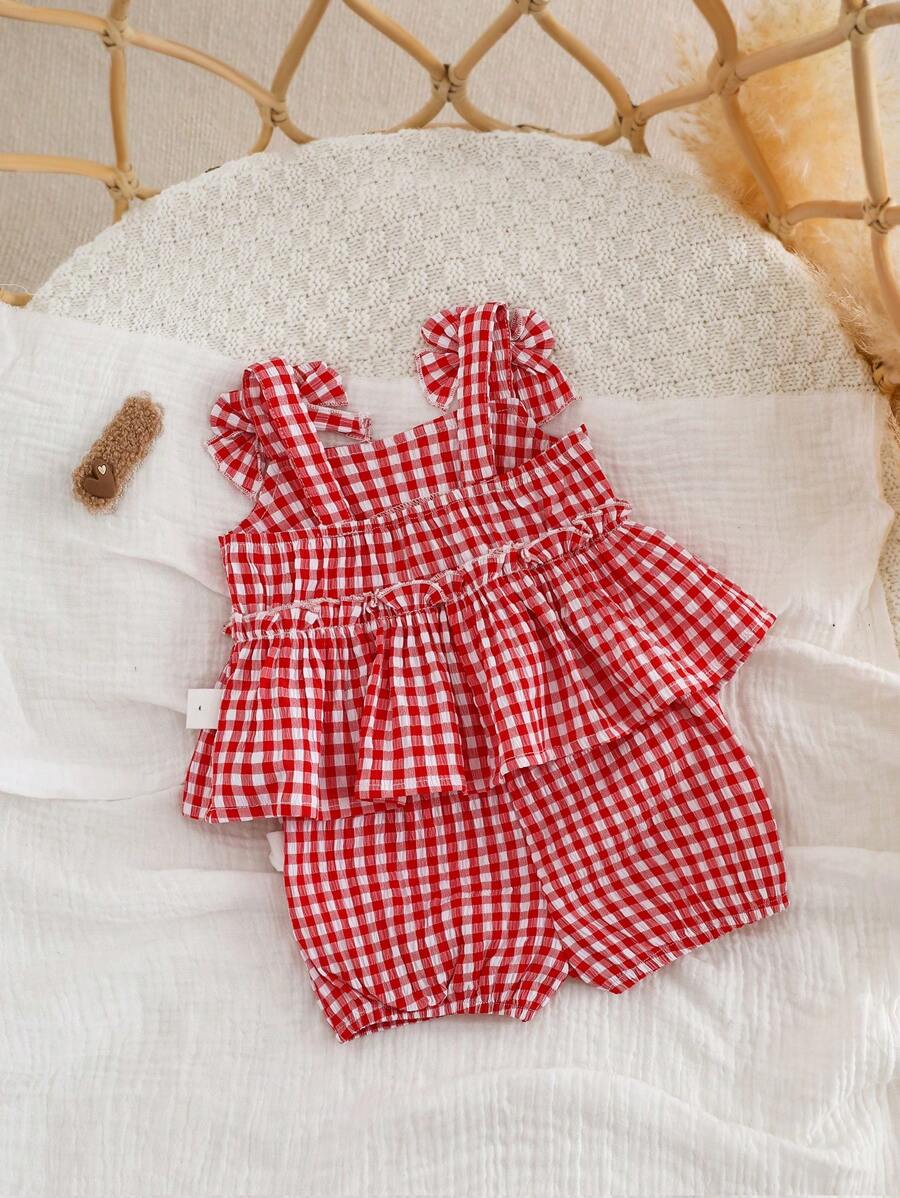 Baby Girl Red Plaid Bow Camisole Top and Shorts Set for Cute Summer Daily Wear