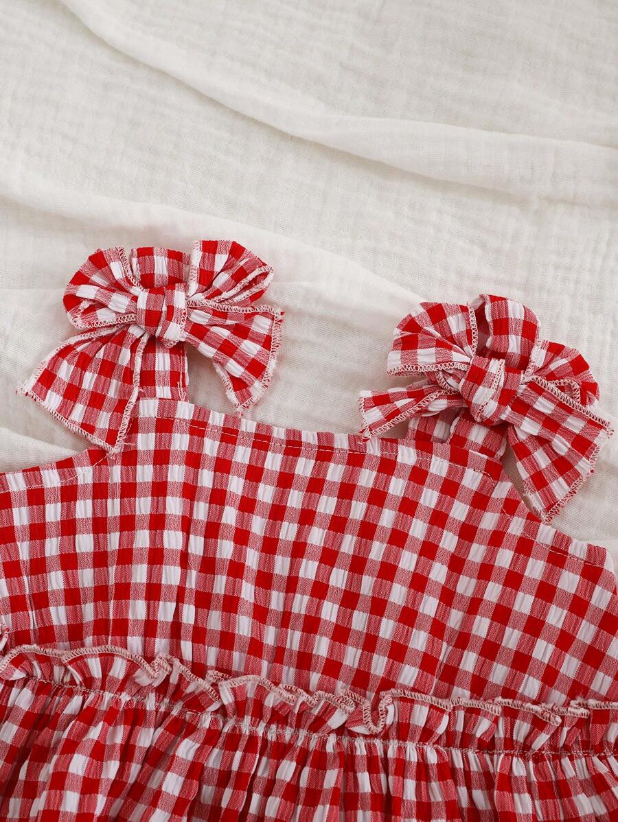 Baby Girl Red Plaid Bow Camisole Top and Shorts Set for Cute Summer Daily Wear