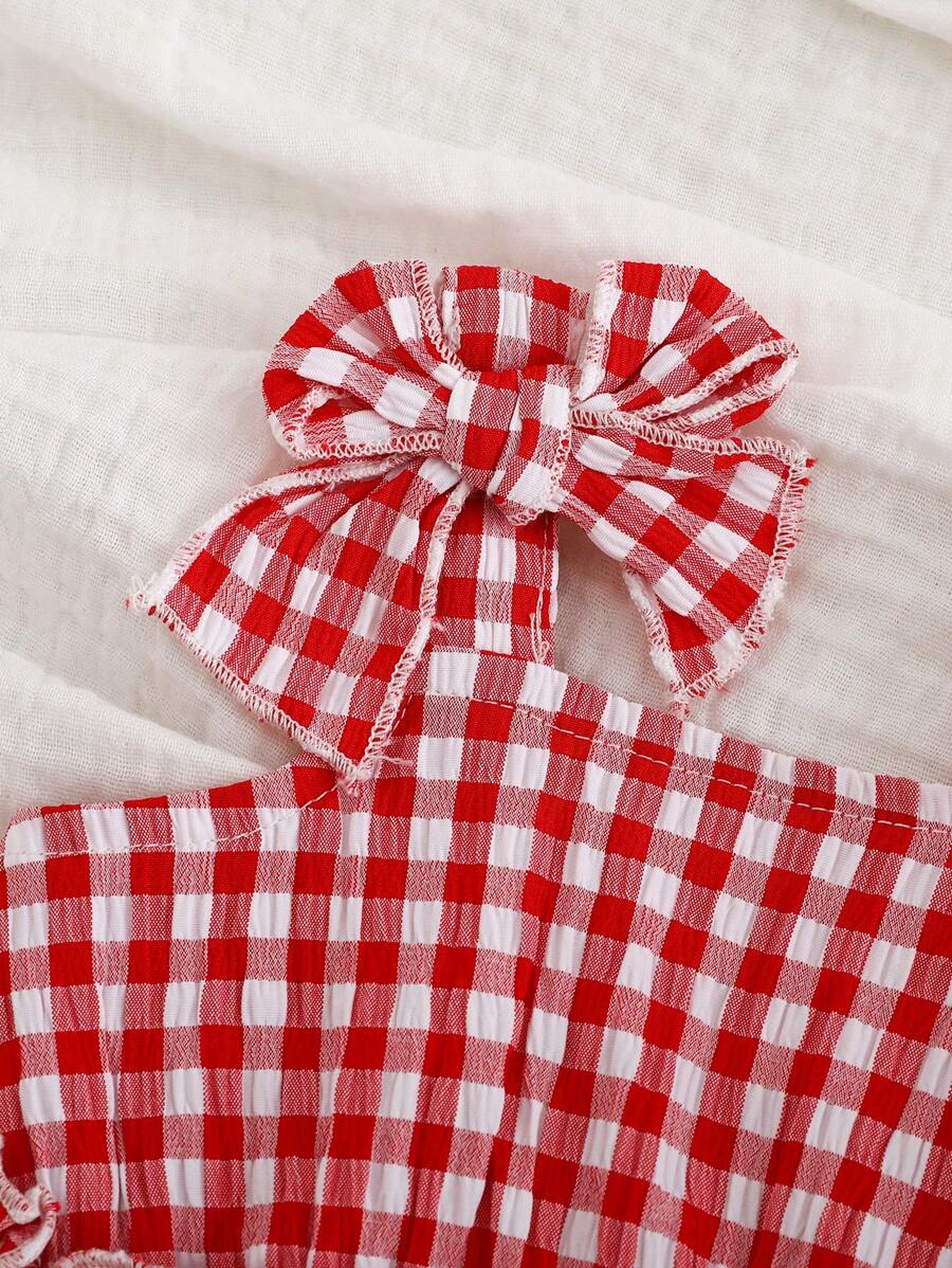 Baby Girl Red Plaid Bow Camisole Top and Shorts Set for Cute Summer Daily Wear