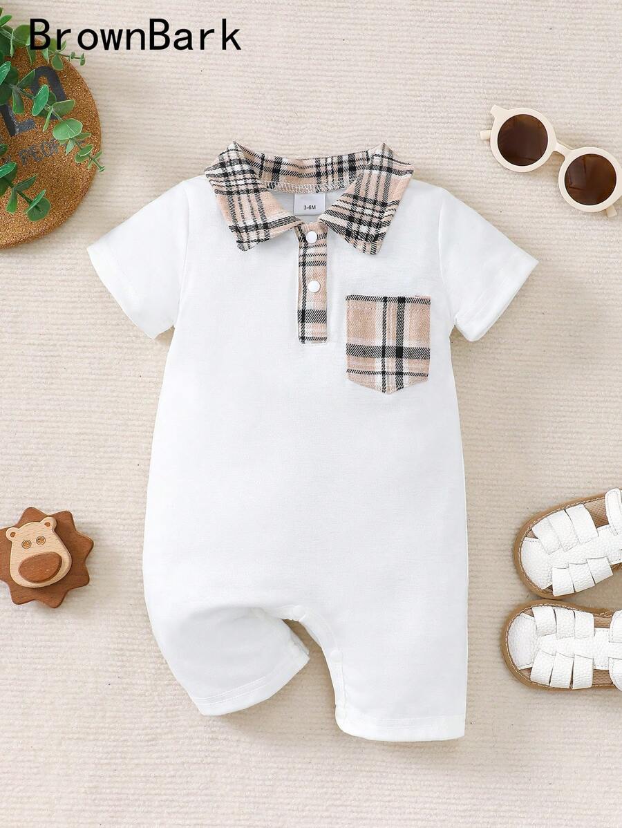 Newborn Baby Boy Plaid Texture Polo Short Sleeve Jumpsuit Casual Summer Outfit for Daily Wear