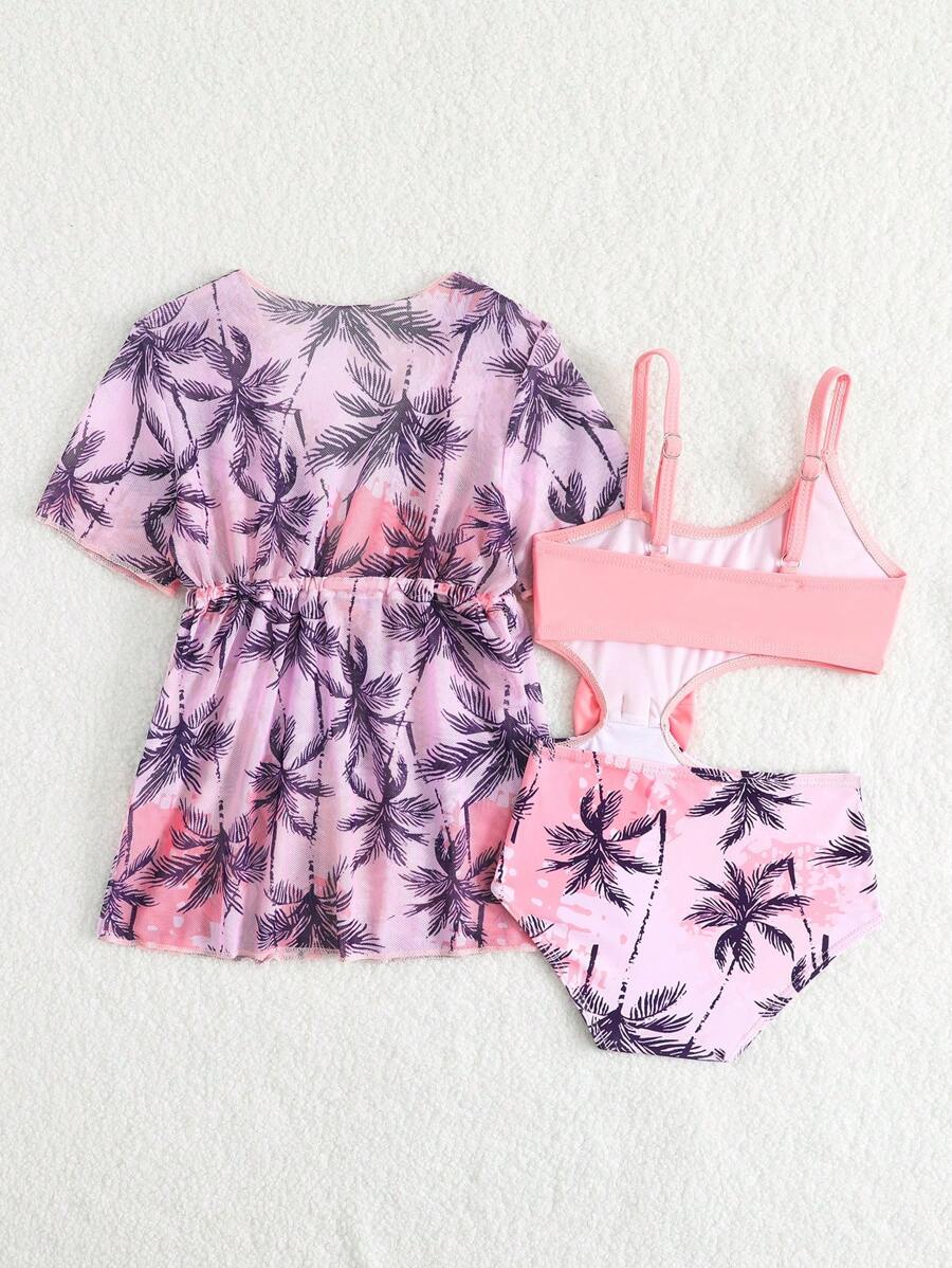 Summer Beach Outfit For Little Girls With Palm Print Swimsuit And Cover Up