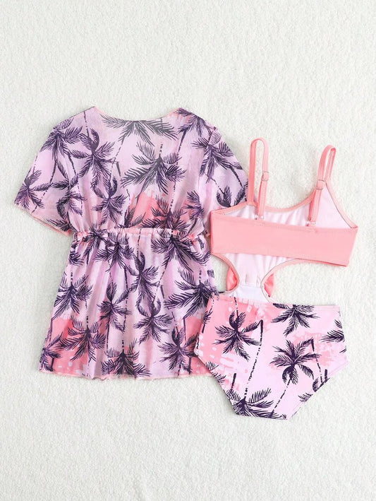Summer Beach Outfit For Little Girls With Palm Print Swimsuit And Cover Up