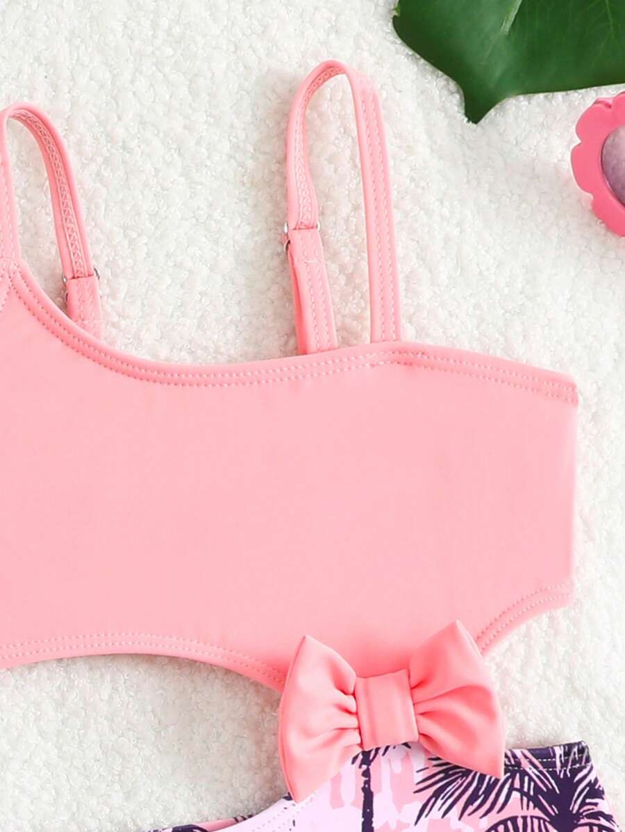 Summer Beach Outfit For Little Girls With Palm Print Swimsuit And Cover Up