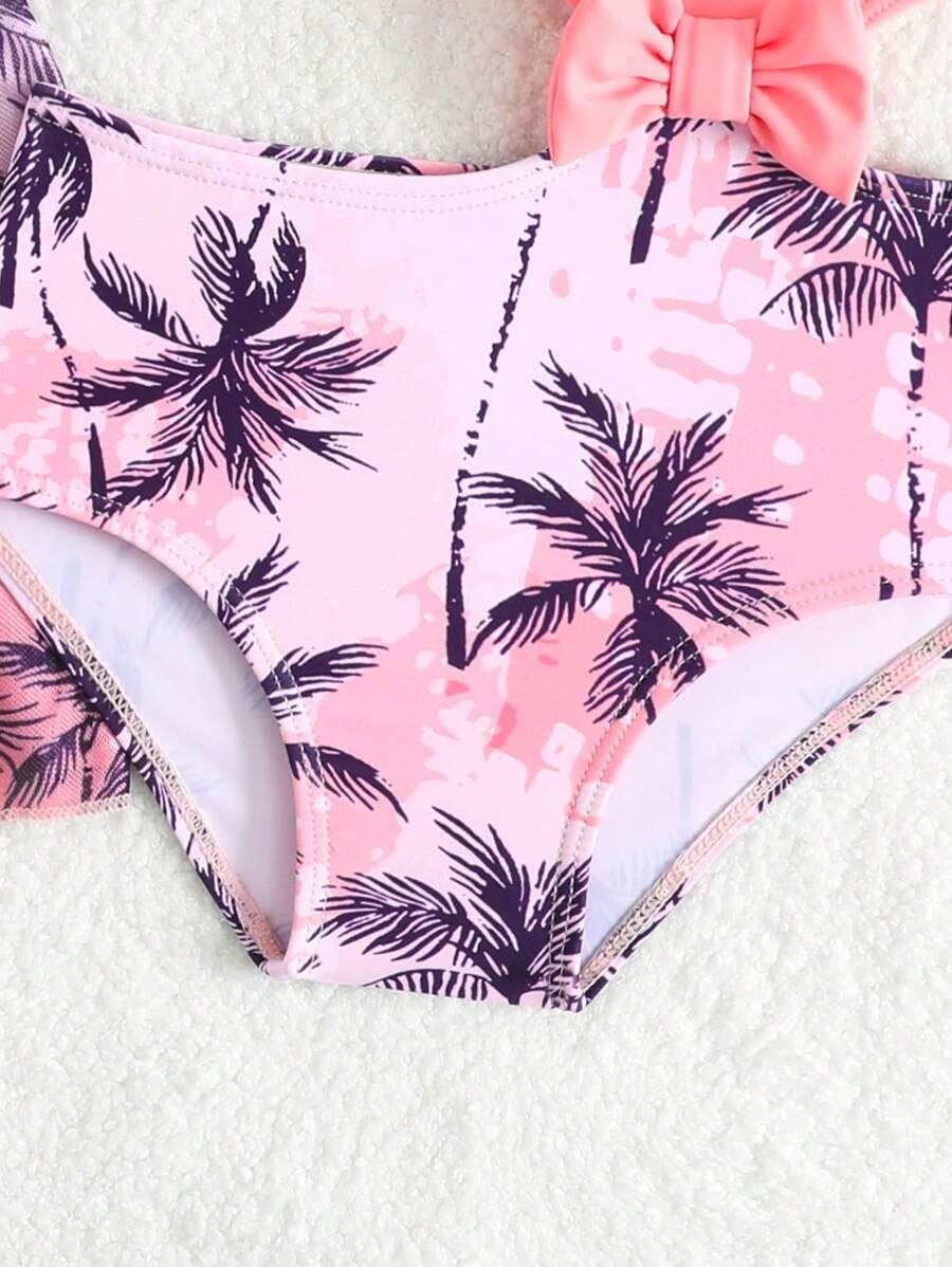 Summer Beach Outfit For Little Girls With Palm Print Swimsuit And Cover Up