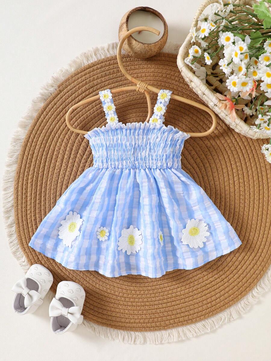 Baby Blue Plaid Floral Embroidered Cami Dress for Cute Spring and Summer Outings