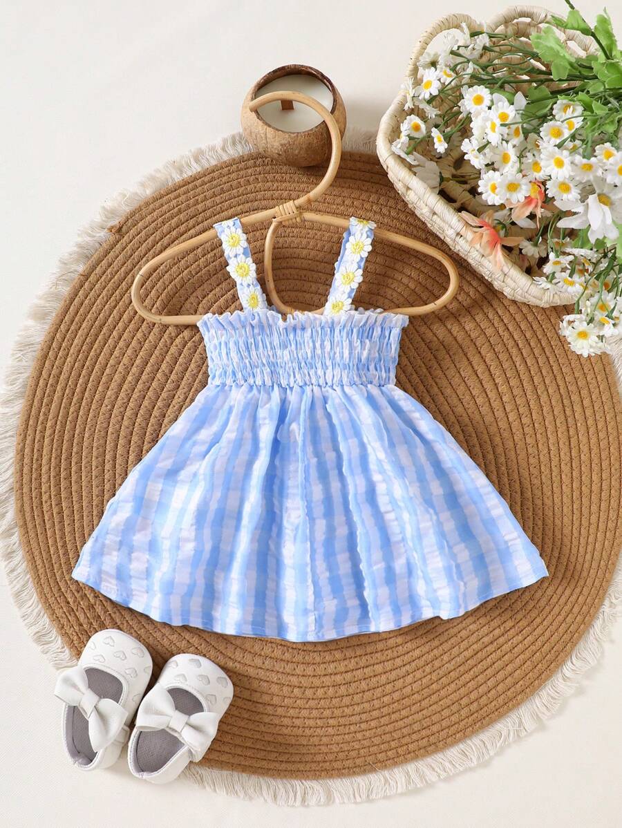 Baby Blue Plaid Floral Embroidered Cami Dress for Cute Spring and Summer Outings