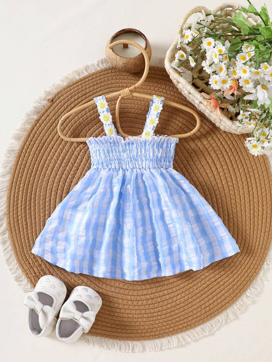 Baby Blue Plaid Floral Embroidered Cami Dress for Cute Spring and Summer Outings