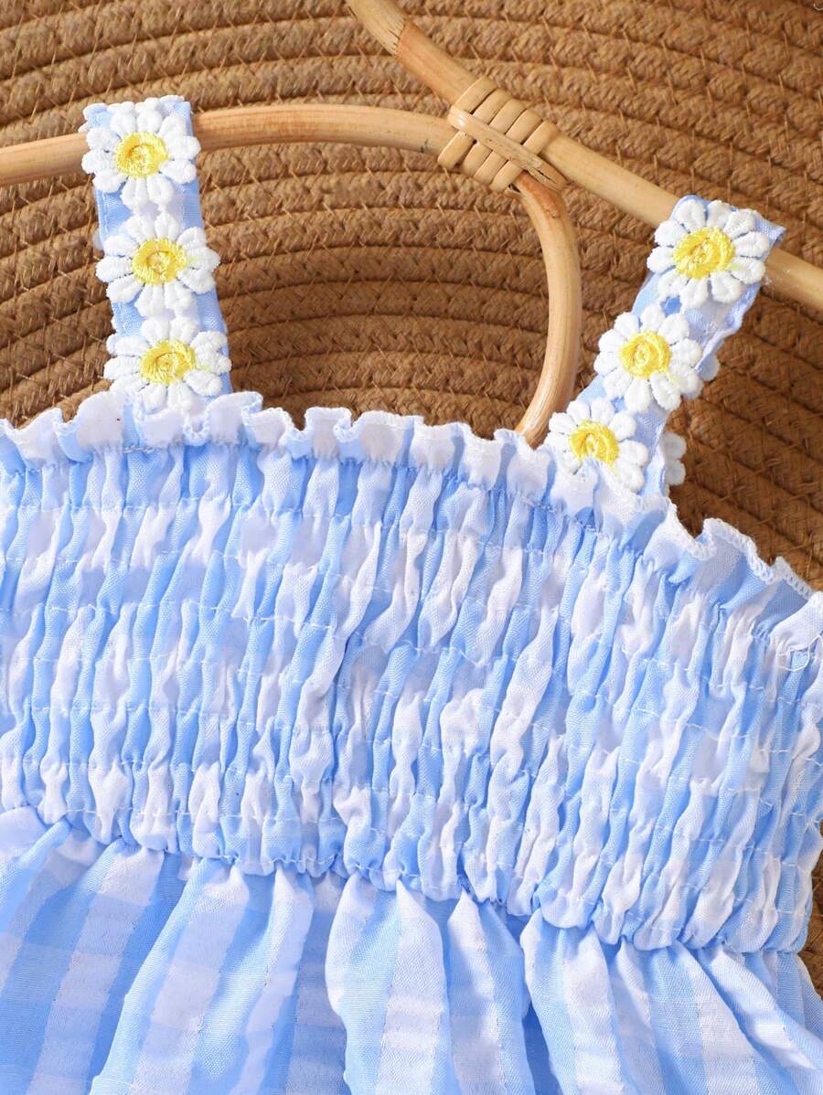 Baby Blue Plaid Floral Embroidered Cami Dress for Cute Spring and Summer Outings