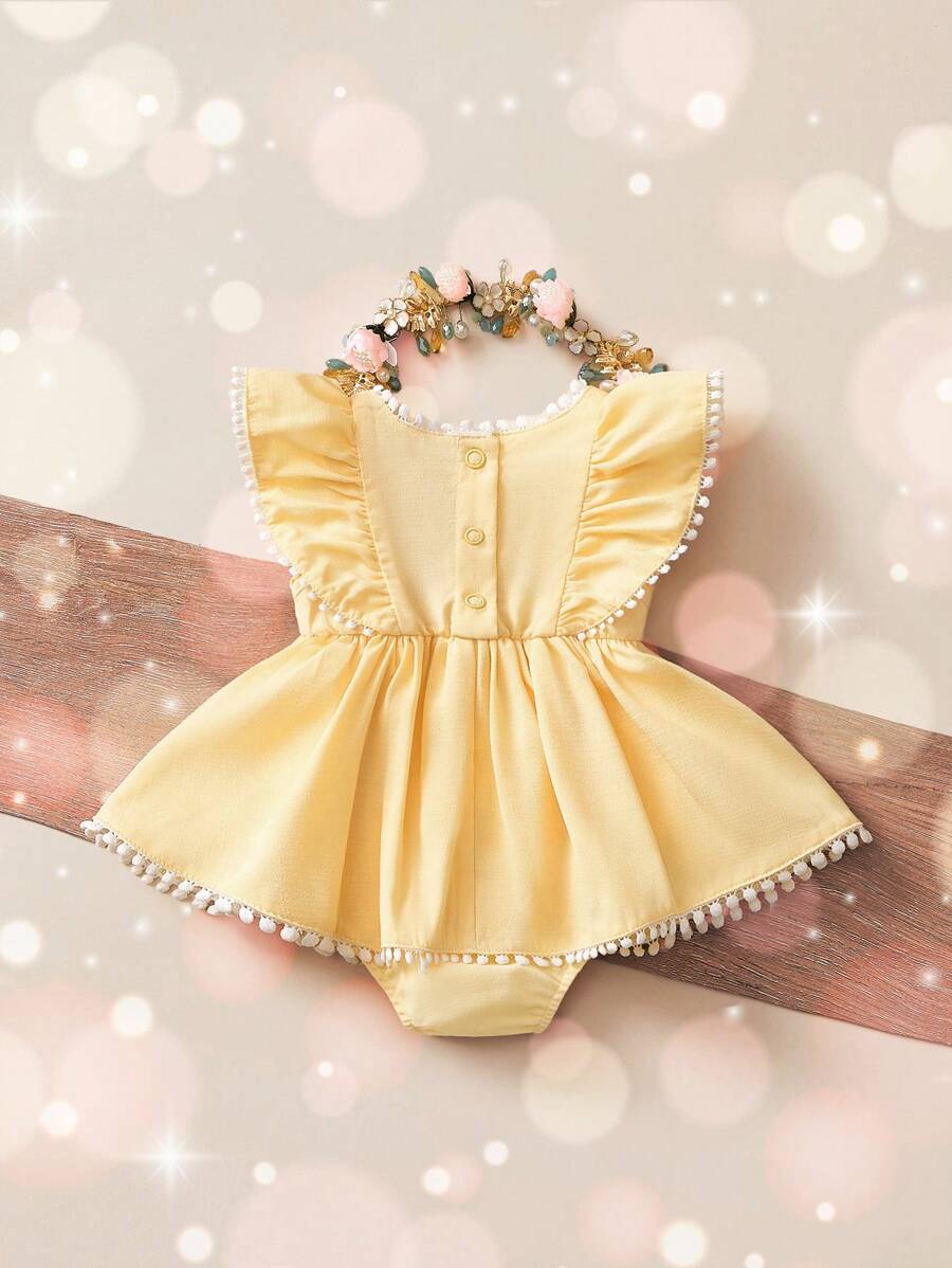 Embroidered Bow Decor Baby Girl Ruffle Sleeve Bodysuit for Everyday Wear