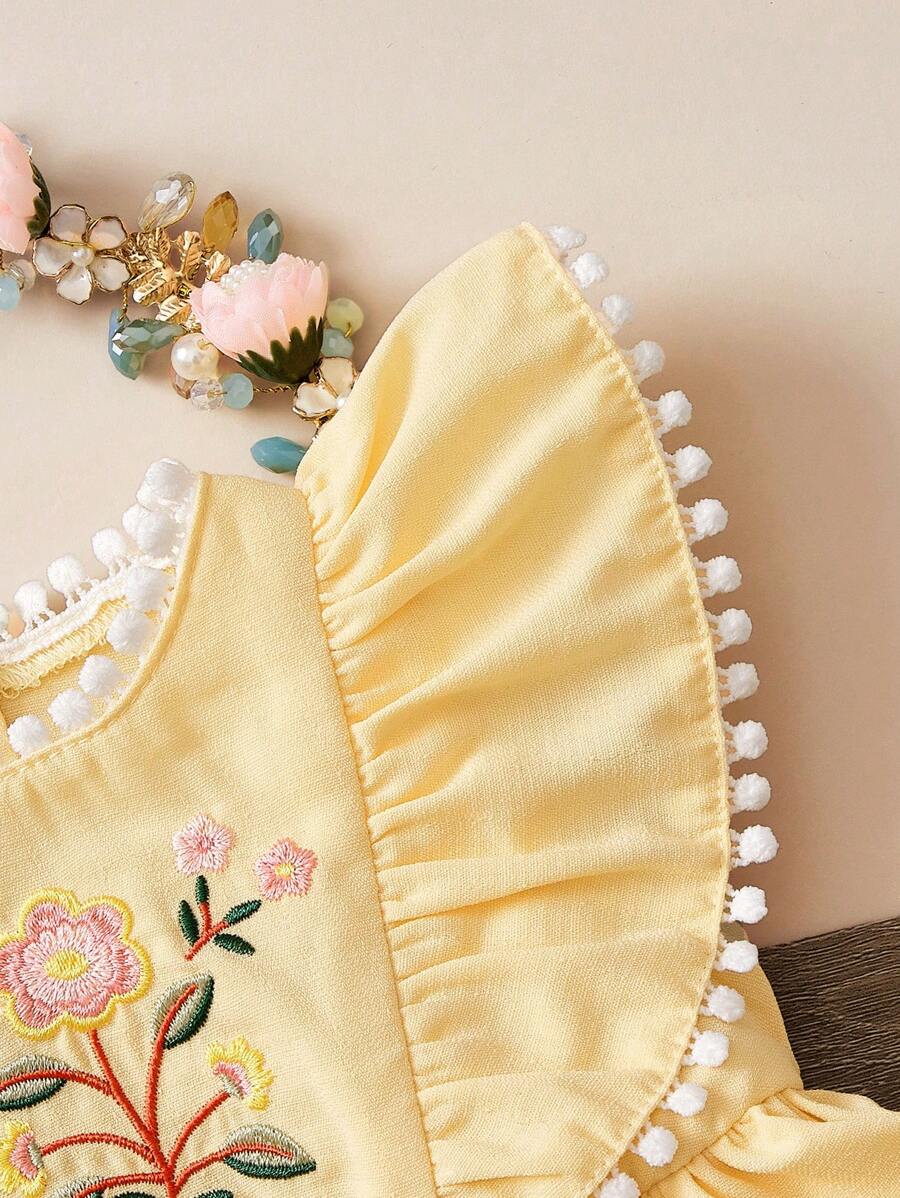 Embroidered Bow Decor Baby Girl Ruffle Sleeve Bodysuit for Everyday Wear