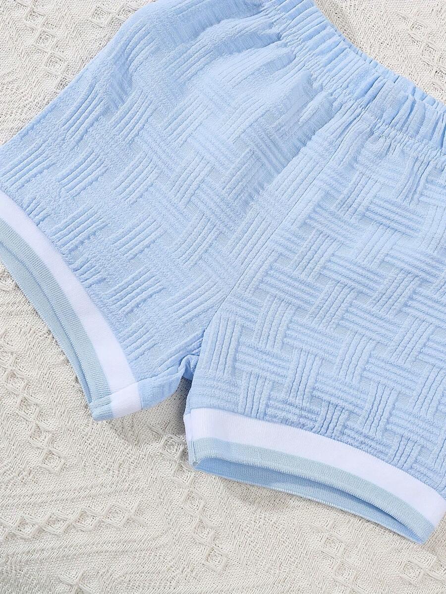 Stylish Baby Boy Solid Color Jacquard Top and Matching Shorts Summer Set