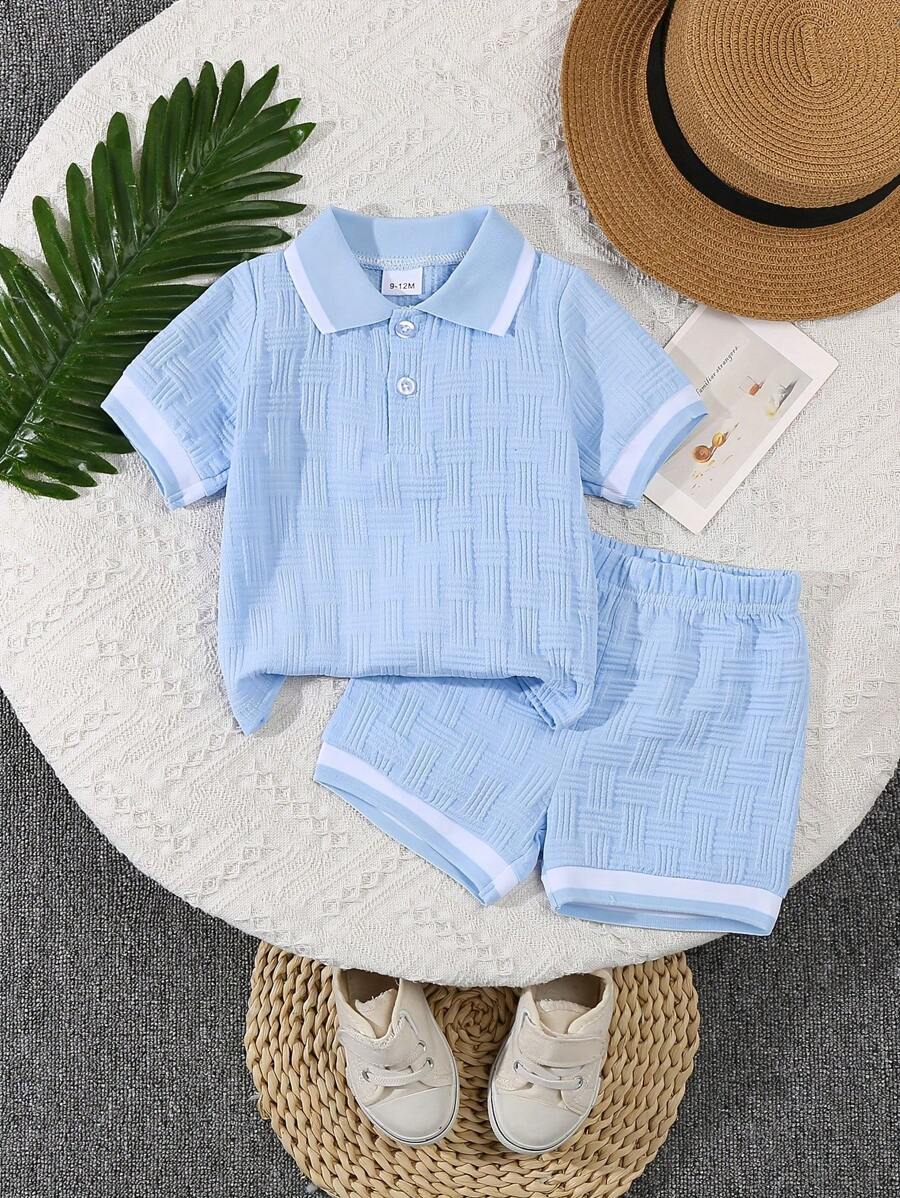 Stylish Baby Boy Solid Color Jacquard Top and Matching Shorts Summer Set