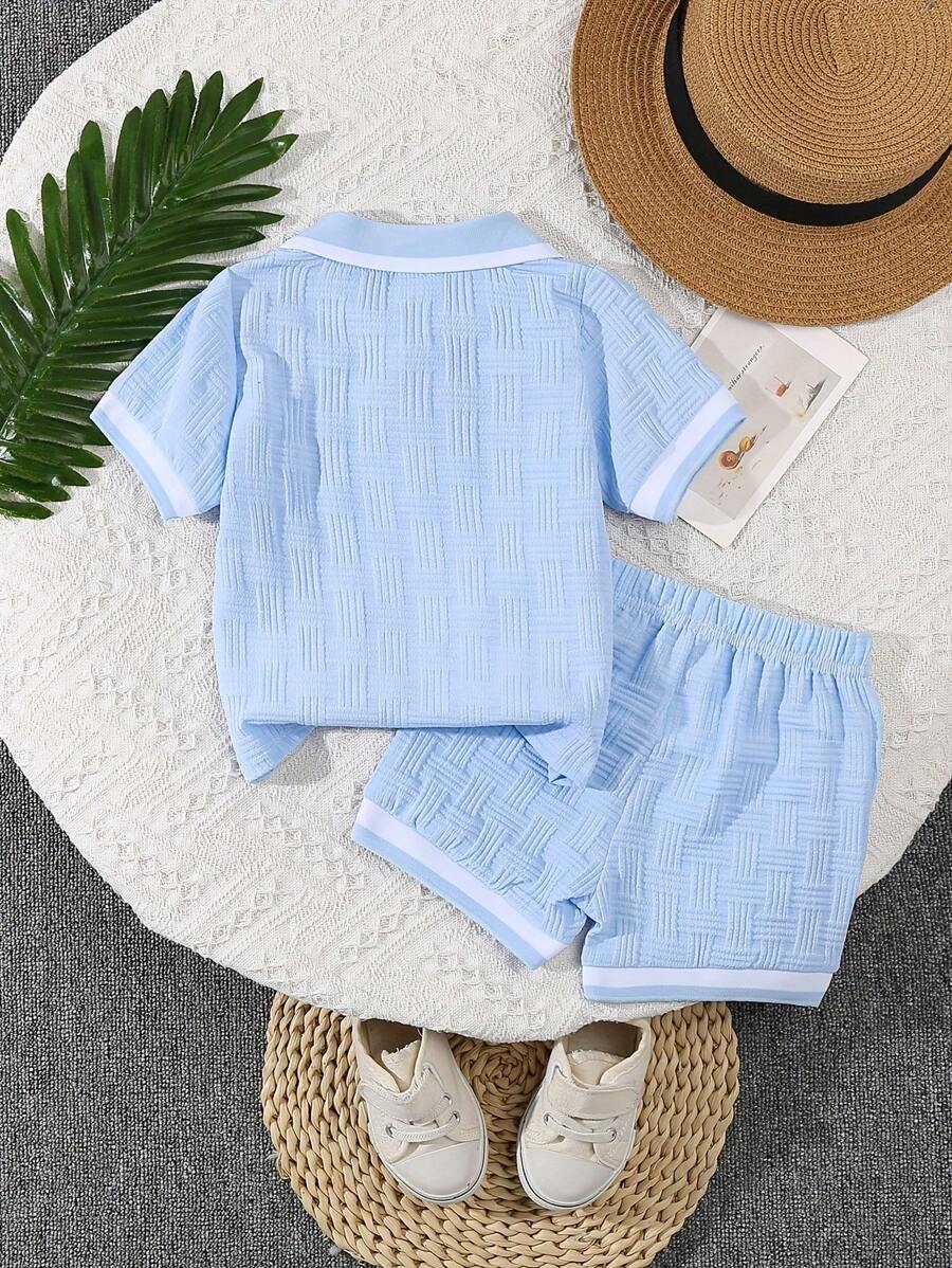 Stylish Baby Boy Solid Color Jacquard Top and Matching Shorts Summer Set