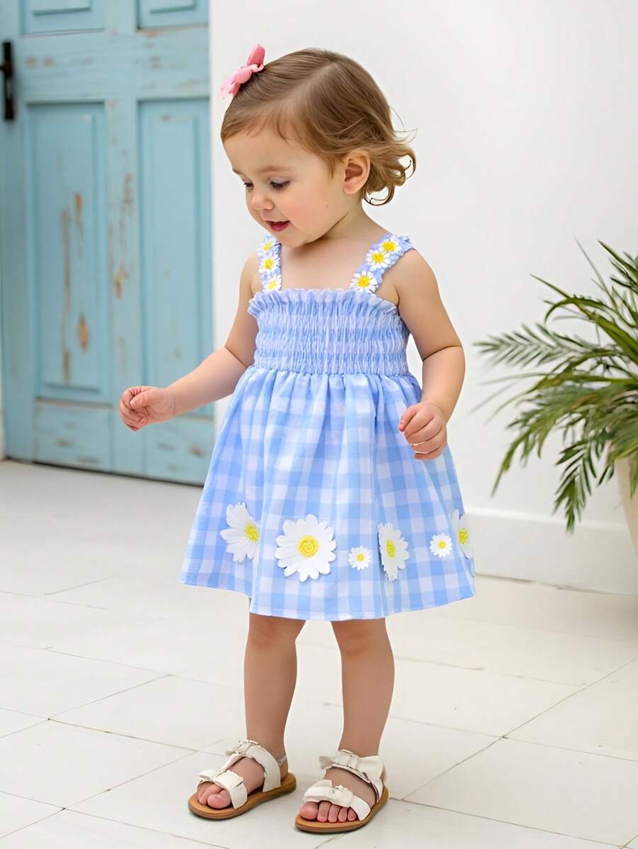 Baby Blue Plaid Floral Embroidered Cami Dress for Cute Spring and Summer Outings