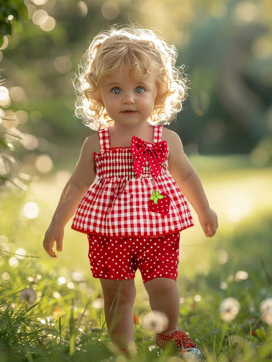 Girls Strawberry Themed Plaid Suspender Shirt and Polka Dot Shorts Spring Outfits