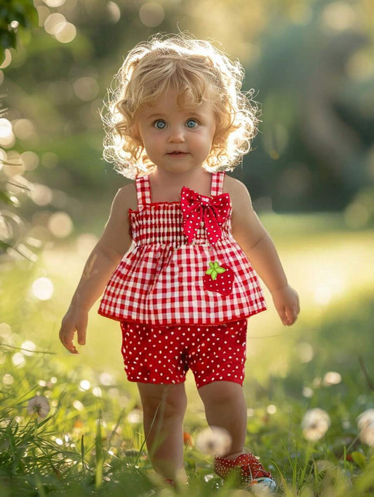 Girls Strawberry Themed Plaid Suspender Shirt and Polka Dot Shorts Spring Outfits
