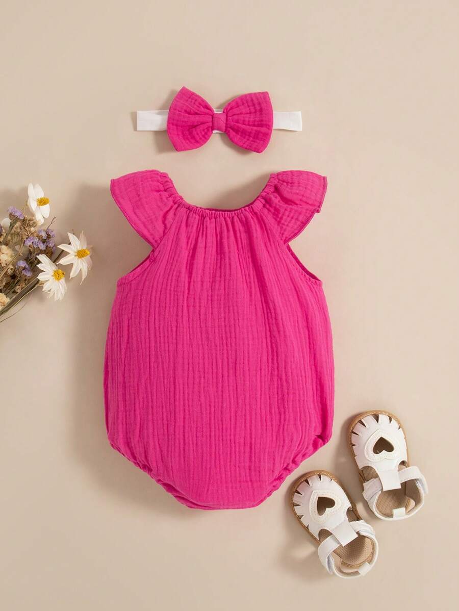 Baby Floral and Grass Print Ruffle Sleeve Romper with Headband for Summer Outings