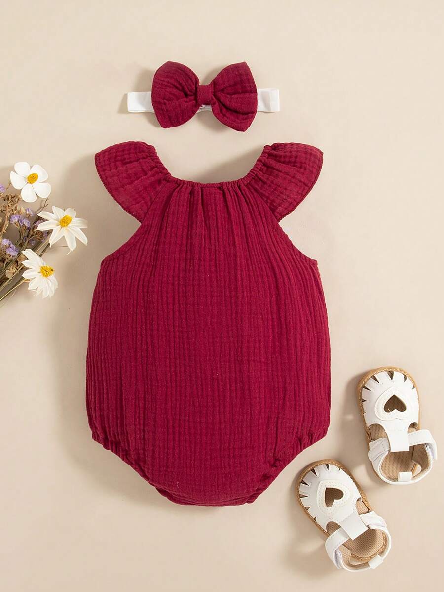 Baby Floral and Grass Print Ruffle Sleeve Romper with Headband for Summer Outings