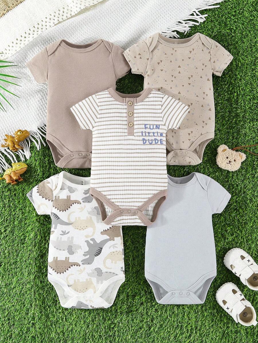 Set of 5 Newborn Boy Rompers - Cute Cartoon Print Soft Cotton Wear (0-6M)
