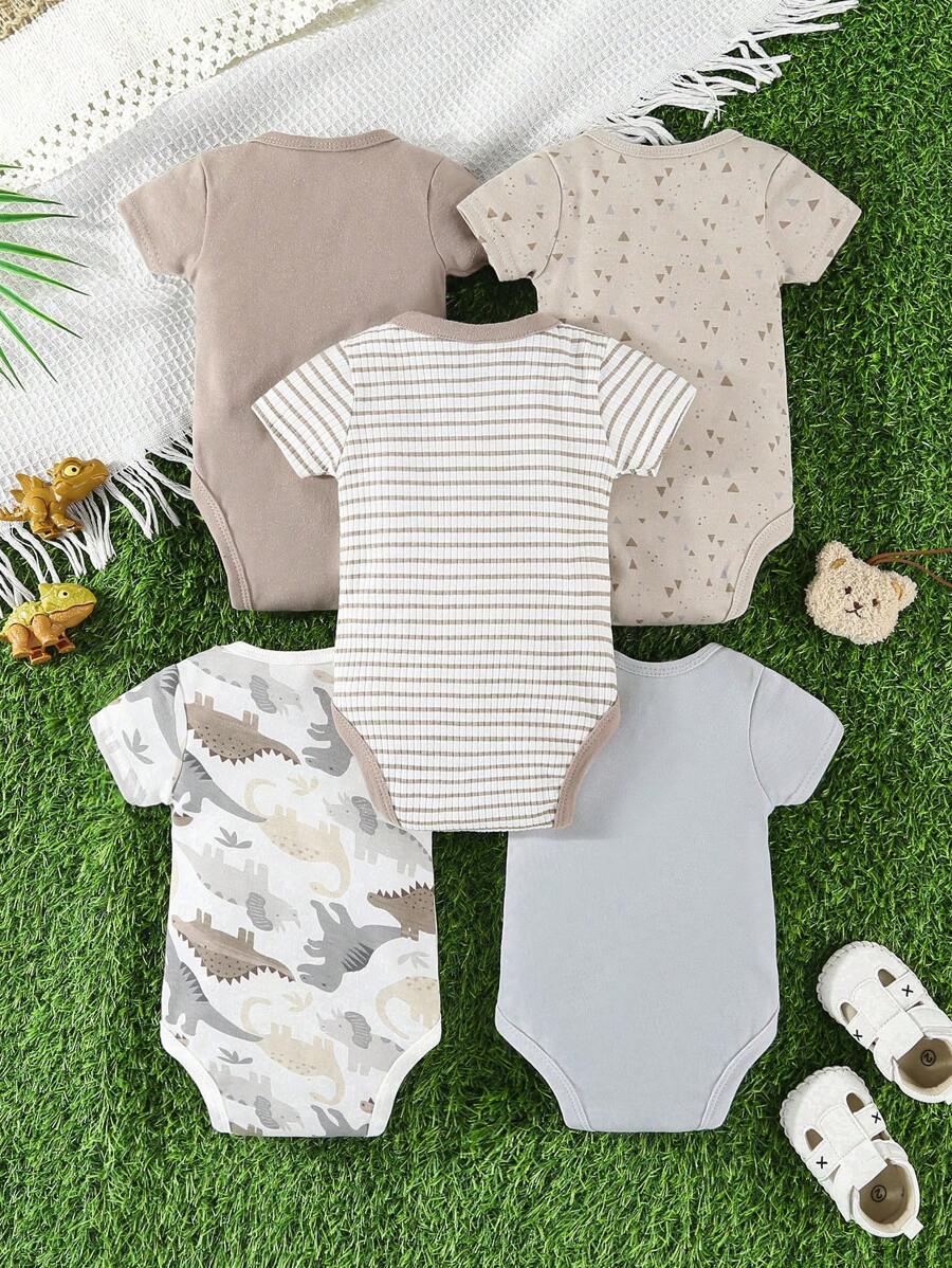 Set of 5 Newborn Boy Rompers - Cute Cartoon Print Soft Cotton Wear (0-6M)