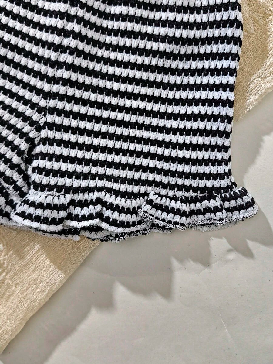 Baby Girl Black & White Striped Ruffle Sleeve T-Shirt & Shorts Set