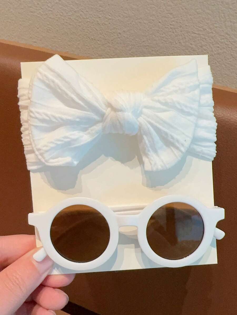 2 Pcs Kids Round Fashion Glasses & Bow Headband Set - Solid Color Unisex Baby Eyewear, Cute Toddler Hair Accessories