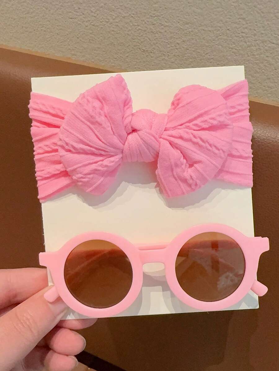 2 Pcs Kids Round Fashion Glasses & Bow Headband Set - Solid Color Unisex Baby Eyewear, Cute Toddler Hair Accessories