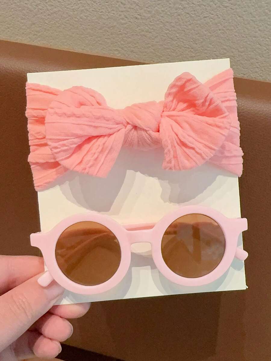 2 Pcs Kids Round Fashion Glasses & Bow Headband Set - Solid Color Unisex Baby Eyewear, Cute Toddler Hair Accessories