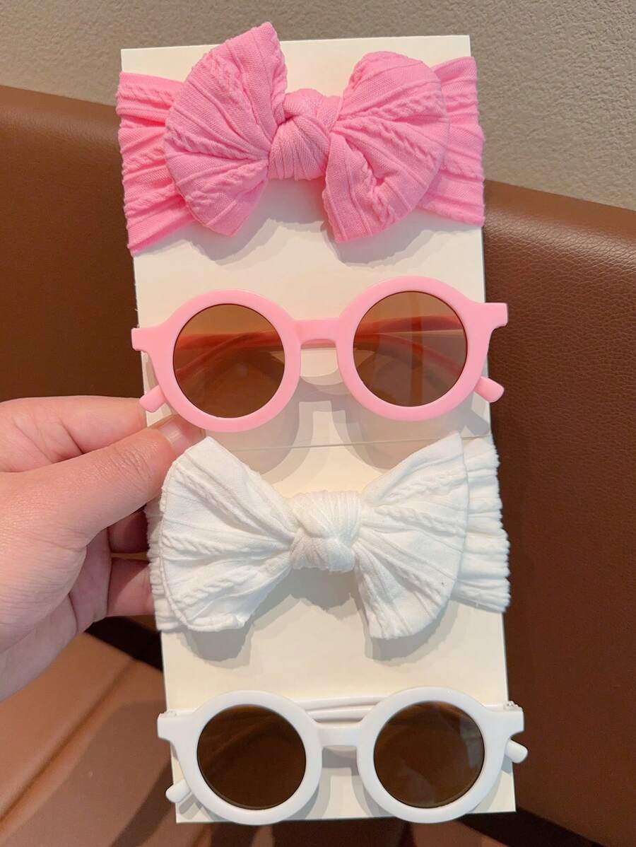 2 Pcs Kids Round Fashion Glasses & Bow Headband Set - Solid Color Unisex Baby Eyewear, Cute Toddler Hair Accessories