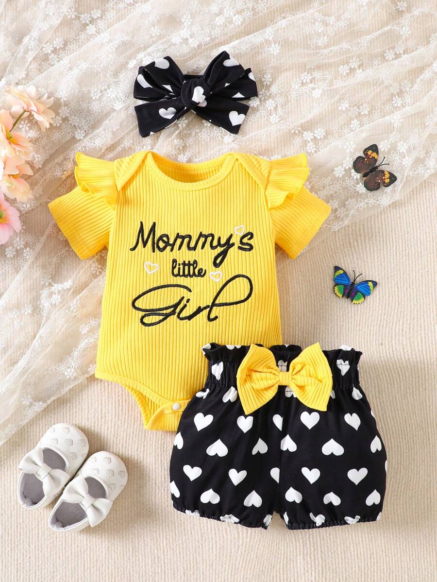 Cute Kids 3-Piece Casual Outfit Set For Toddlers – Embroidery Bodysuit, Soft Pants & Matching Bow Headband