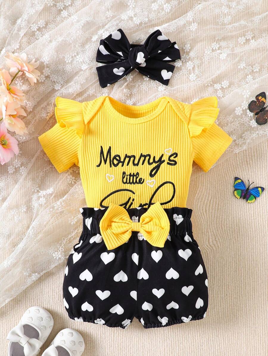 Cute Kids 3-Piece Casual Outfit Set For Toddlers – Embroidery Bodysuit, Soft Pants & Matching Bow Headband