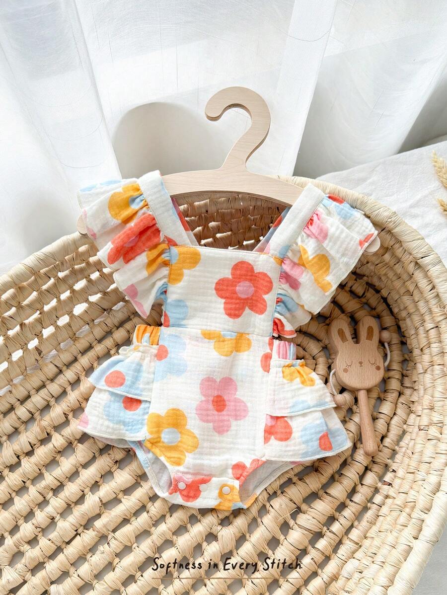 Floral Print Square Neck Baby Girl Bodysuit with Cap Sleeve Design