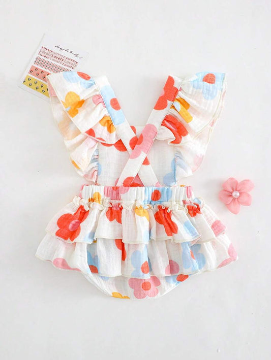 Floral Print Square Neck Baby Girl Bodysuit with Cap Sleeve Design