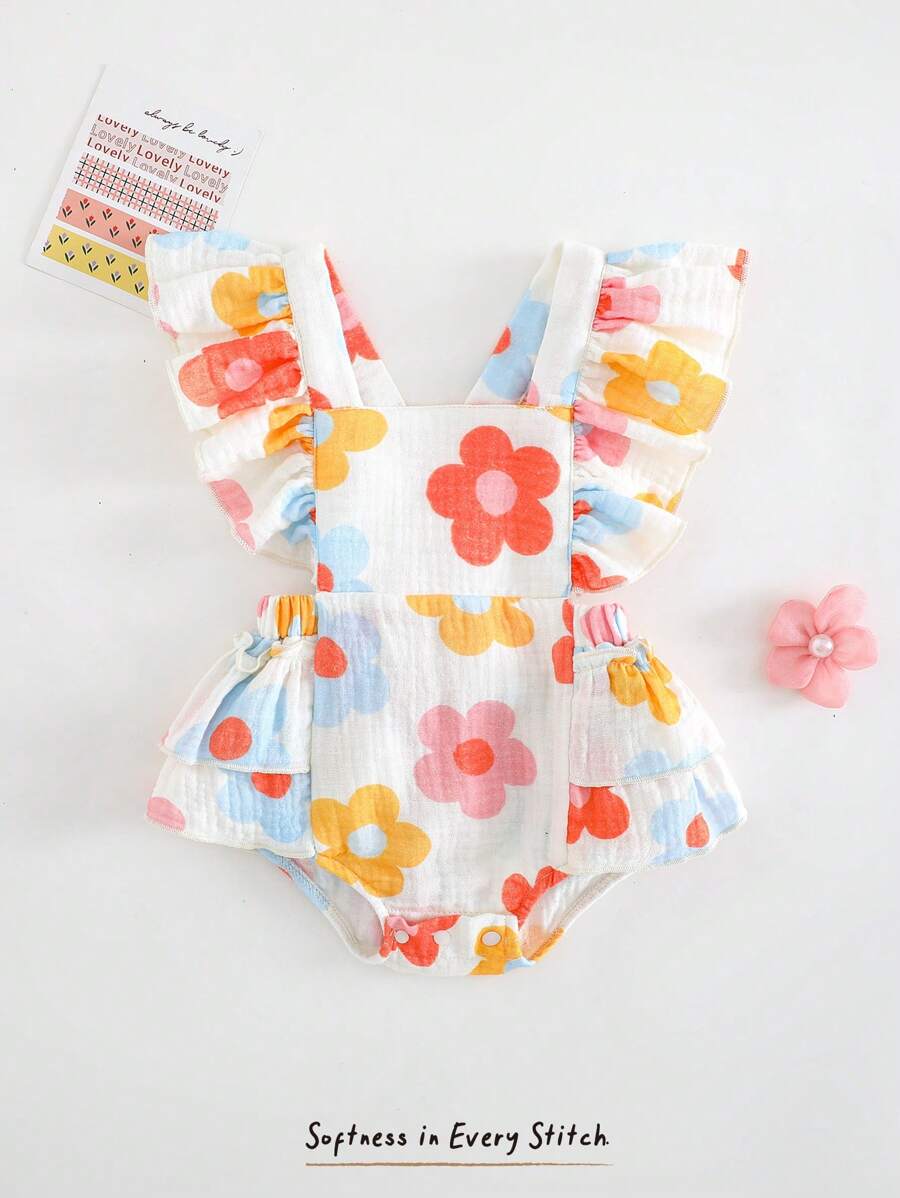 Floral Print Square Neck Baby Girl Bodysuit with Cap Sleeve Design