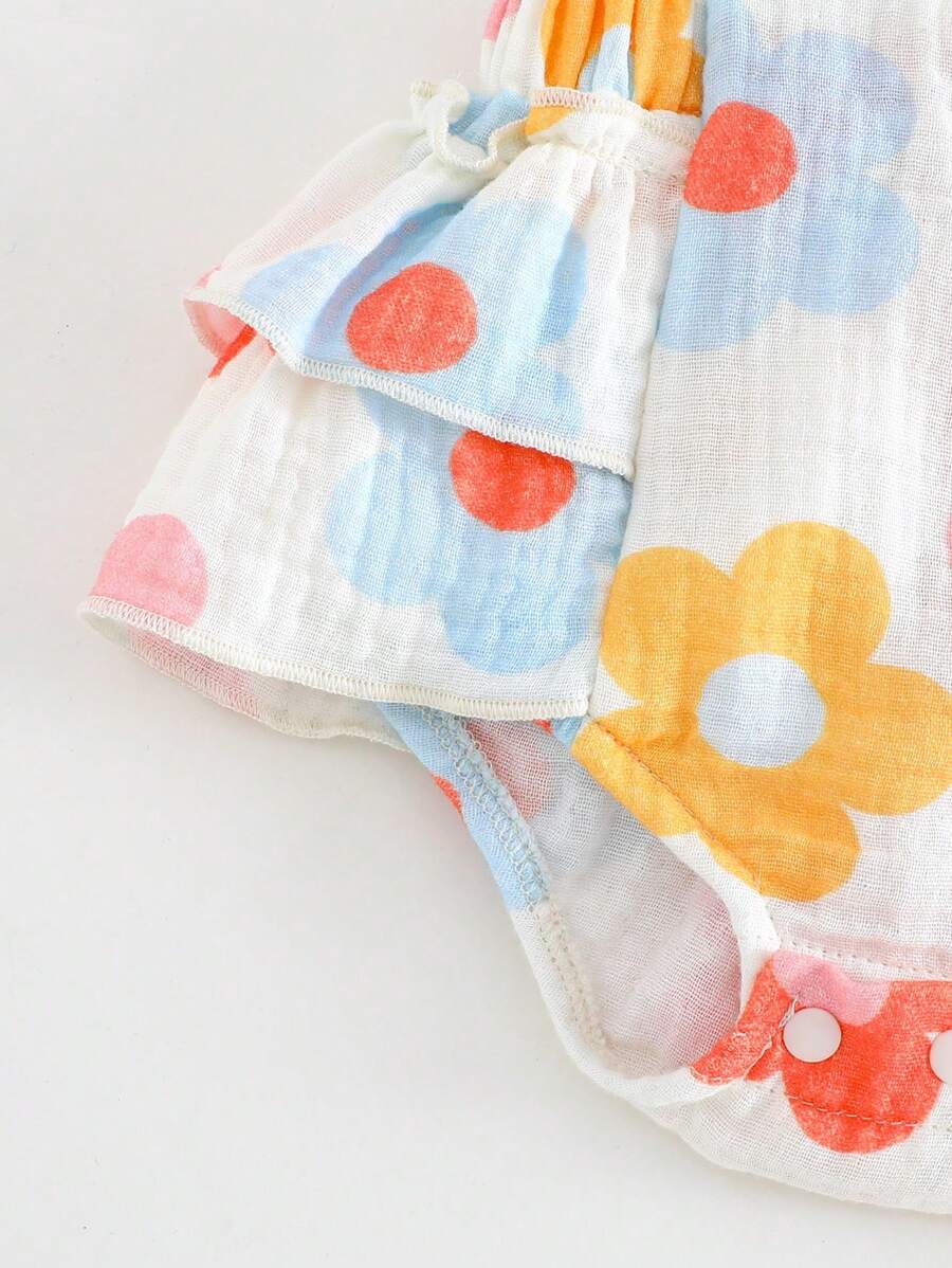 Floral Print Square Neck Baby Girl Bodysuit with Cap Sleeve Design