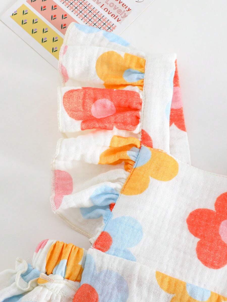 Floral Print Square Neck Baby Girl Bodysuit with Cap Sleeve Design