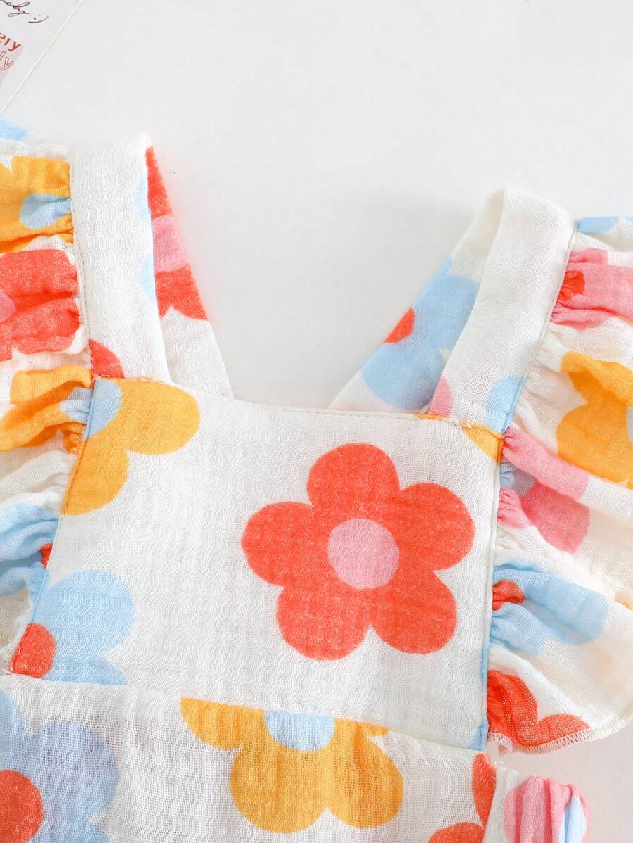 Floral Print Square Neck Baby Girl Bodysuit with Cap Sleeve Design