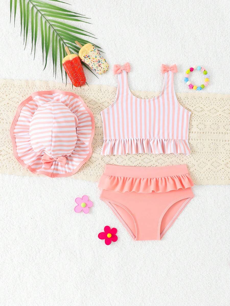 Vacation Beachwear Set For Kids Girls With Printed Bikini And Cover Skirt