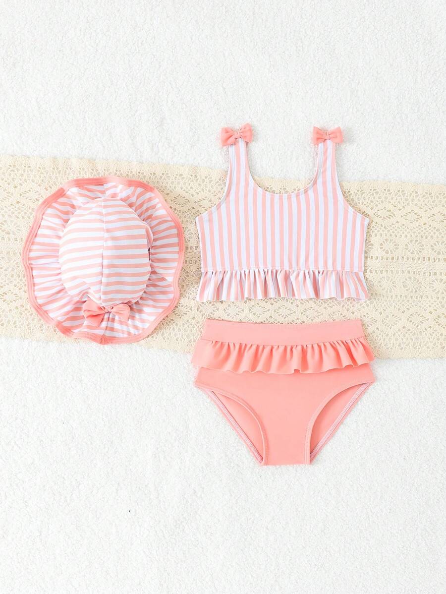 Vacation Beachwear Set For Kids Girls With Printed Bikini And Cover Skirt