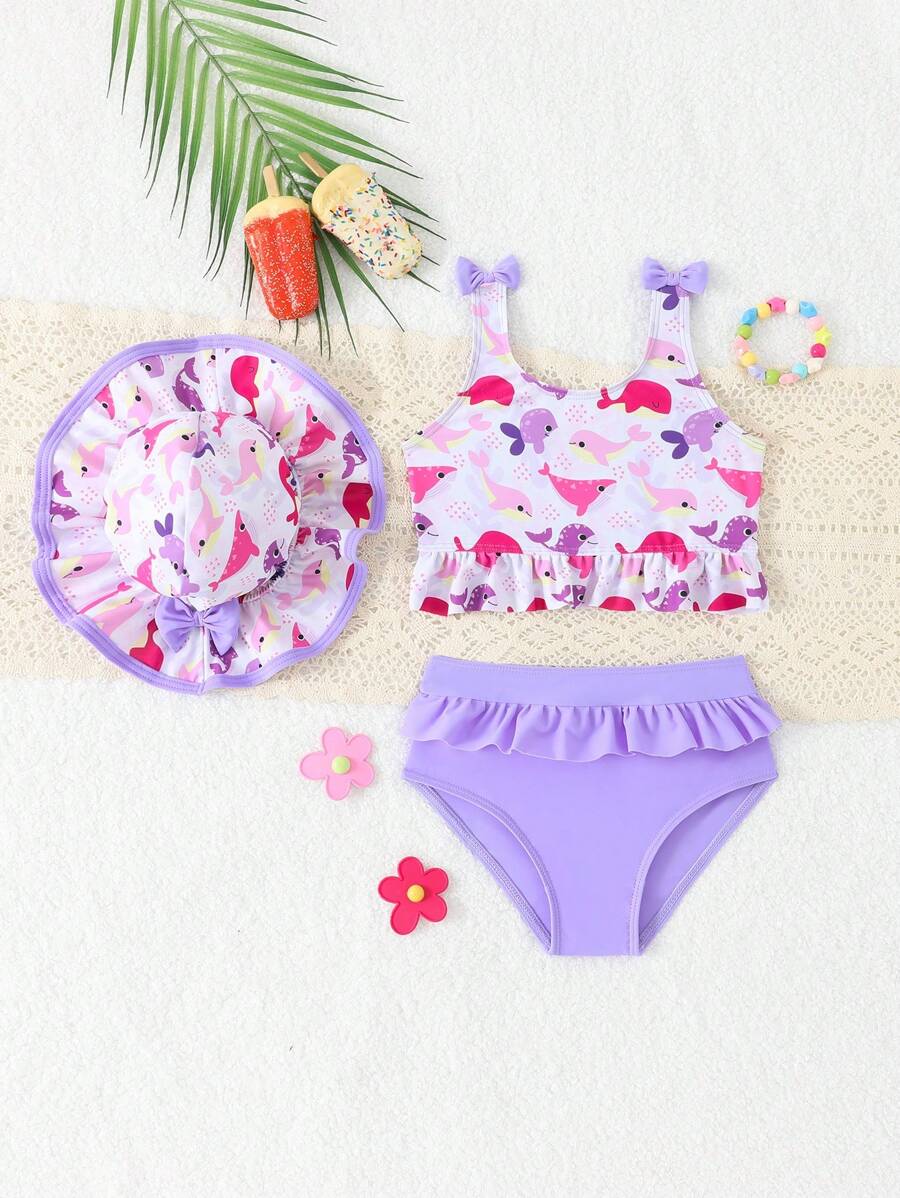 Vacation Beachwear Set For Kids Girls With Printed Bikini And Cover Skirt