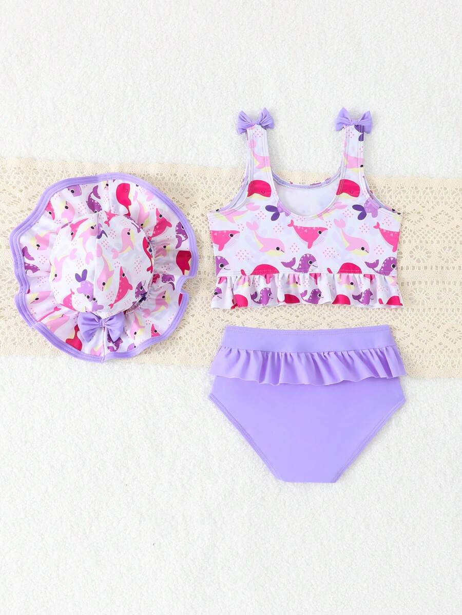Vacation Beachwear Set For Kids Girls With Printed Bikini And Cover Skirt